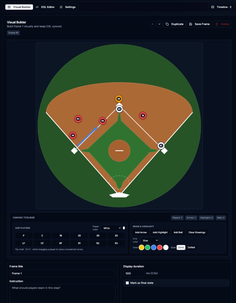 Baseball IQ Visual Builder — place defenders and runners on the diamond, draw movement arrows, and sync DSL automatically