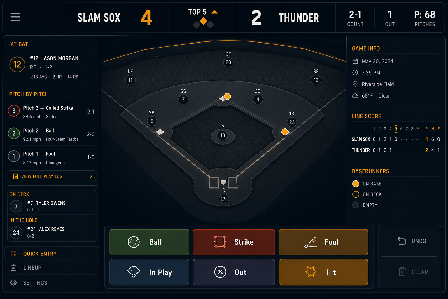 Stats Hub live game scoring mockup — scoreboard, interactive diamond with base runners, pitch-by-pitch log, and quick-entry scoring buttons